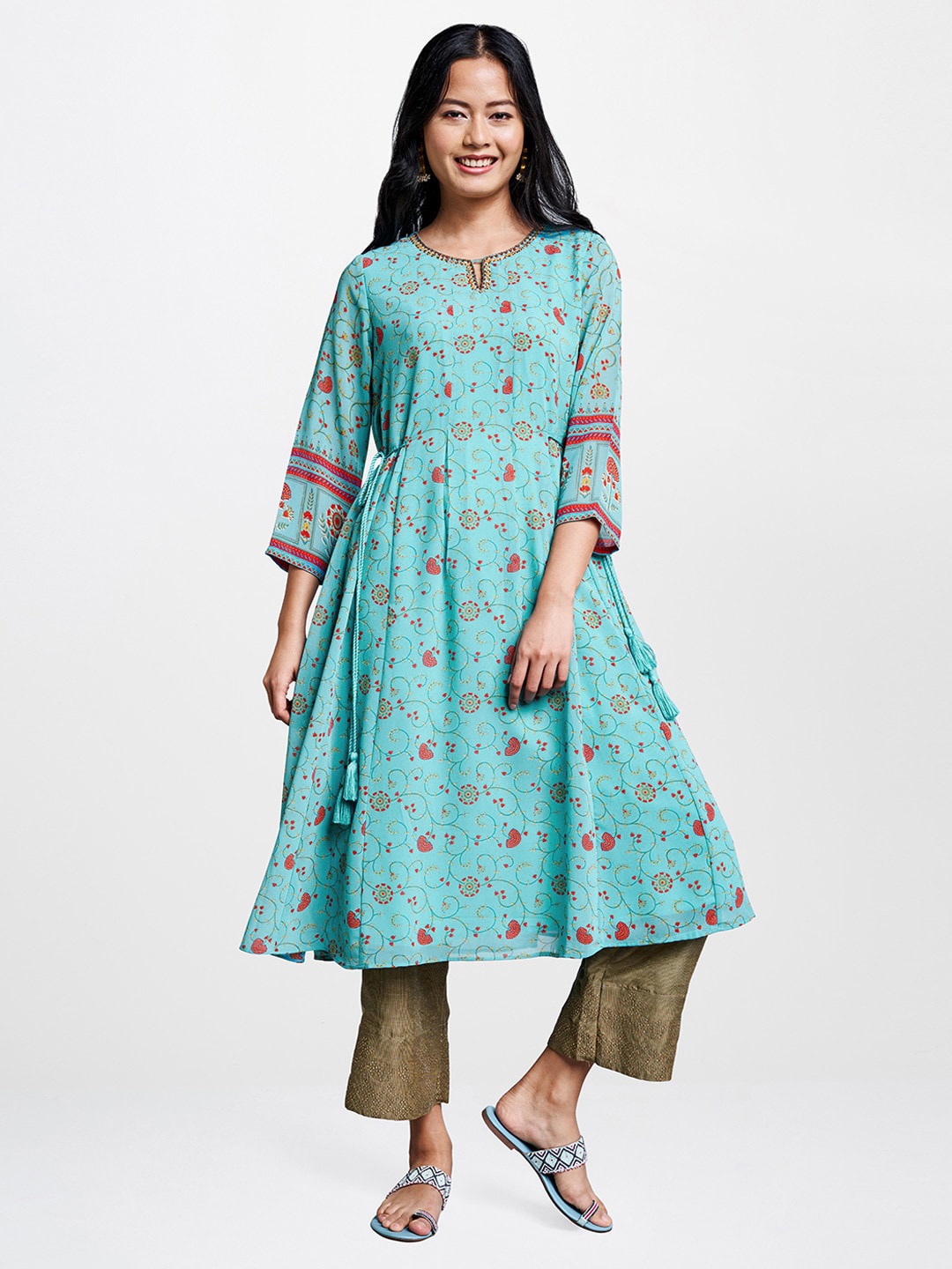 

Global Desi Women Blue & Red Printed A-Line Kurta