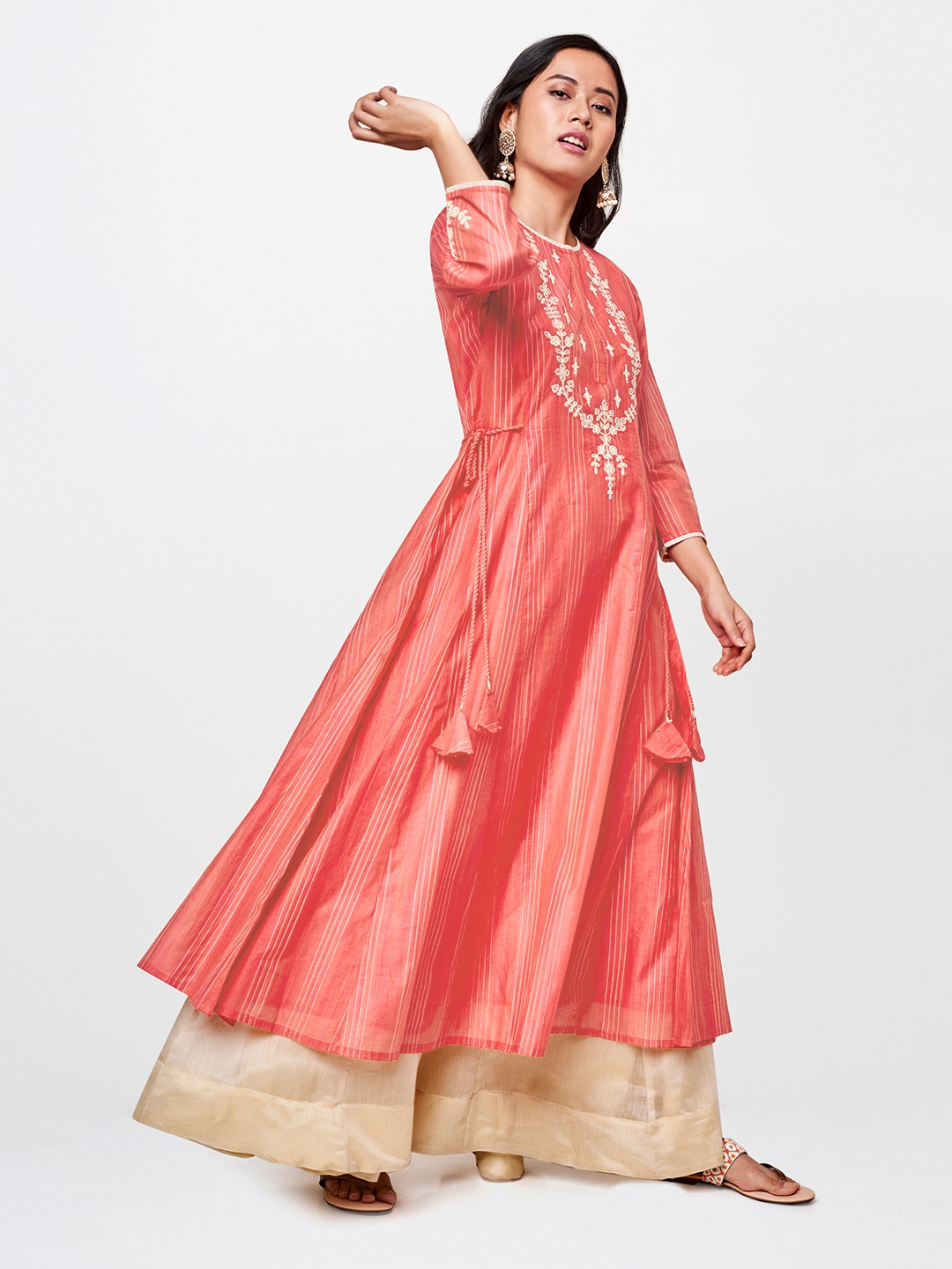 

Global Desi Women Coral Pink & White Floral Yoke Design Anarkali Kurta
