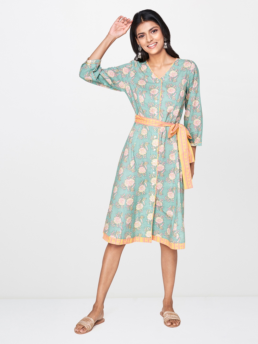 

Global Desi Women Mint Green Floral Print Fit & Flare Dress