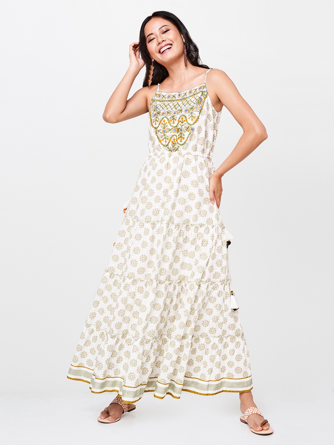 

Global Desi Women Off-White Printed A-Line Dress