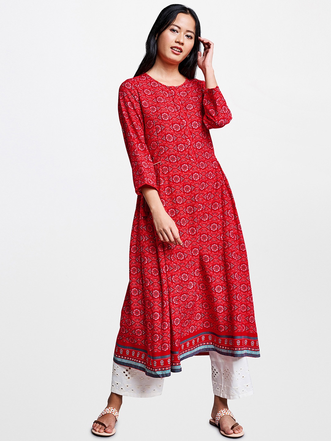 

Global Desi Women Red & White Printed A-Line Kurta