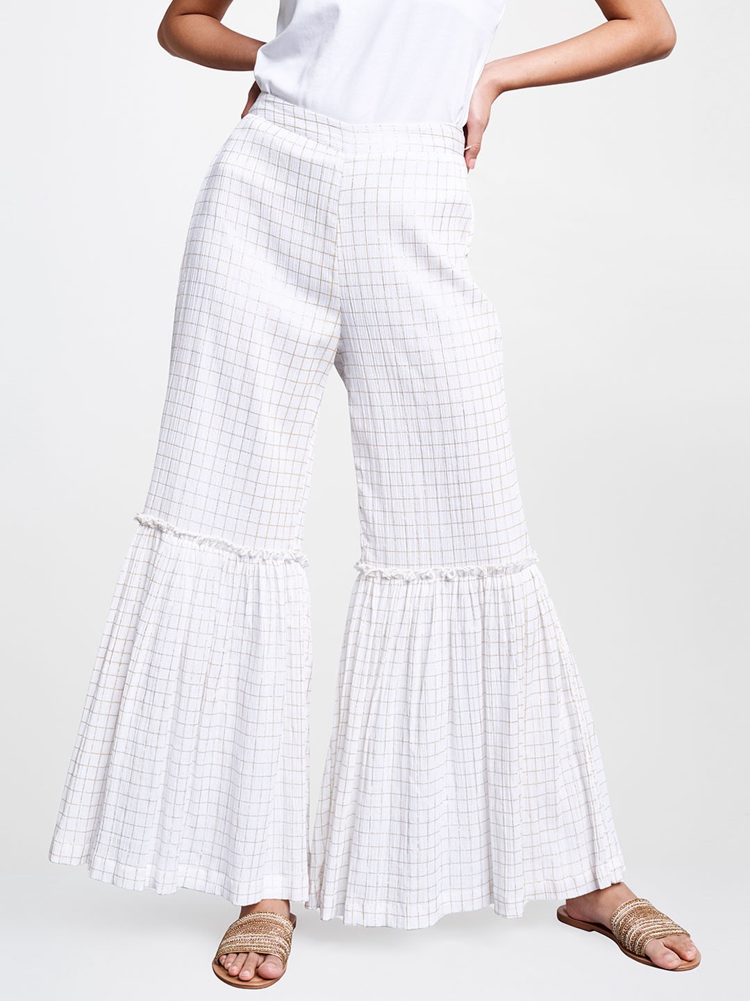 

Global Desi Women White & Silver-Toned Checked Flared Palazzos