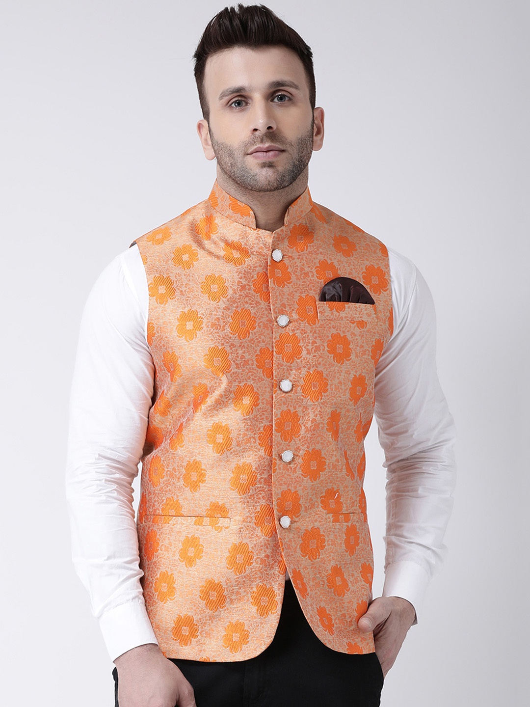 

Hangup Men Orange Woven Design Nehru Jacket