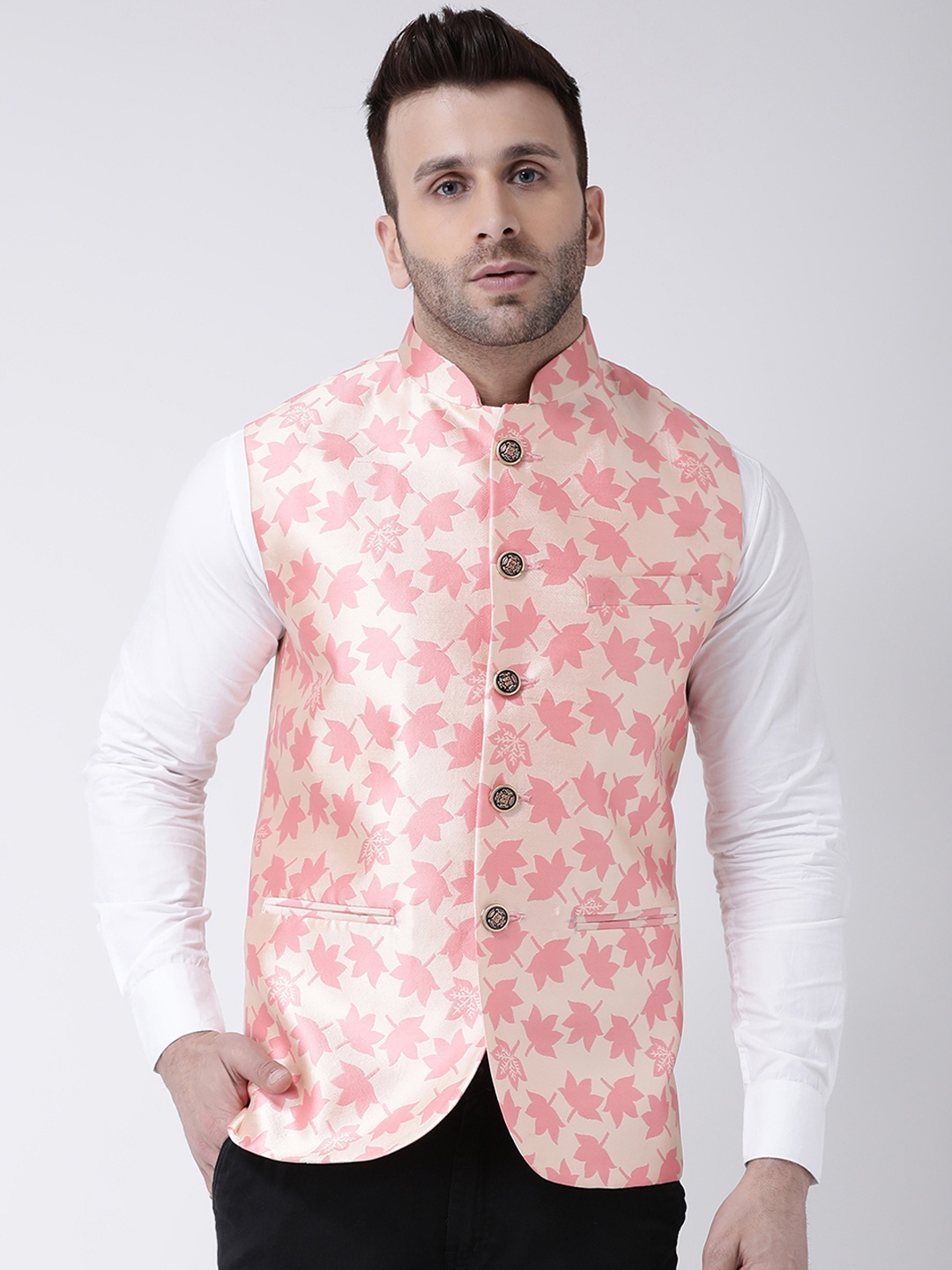 

Hangup Men Pink Woven Design Nehru Jacket