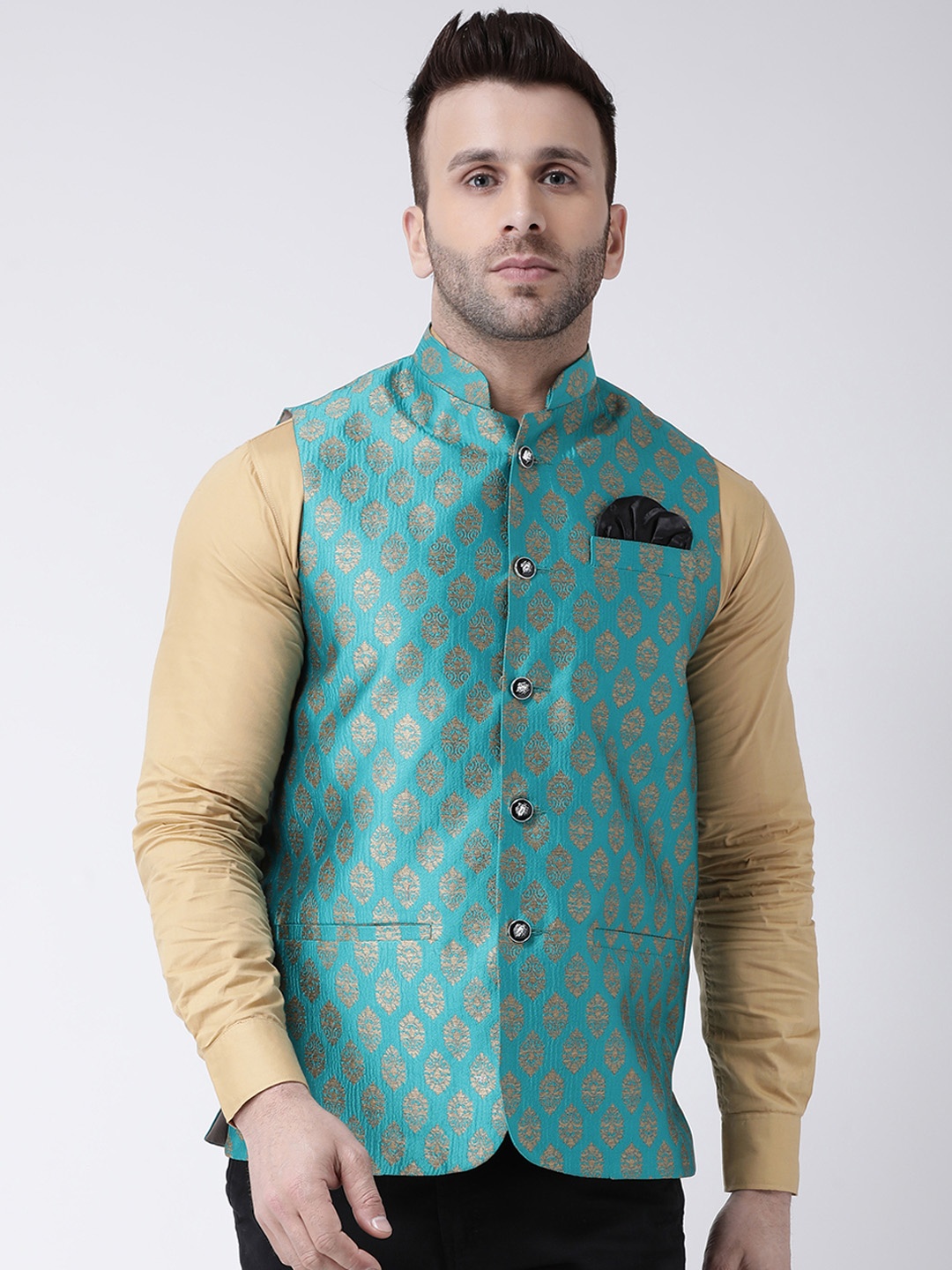 Hangup Men Turquoise Blue Printed Bandhgala Nehru Jacket