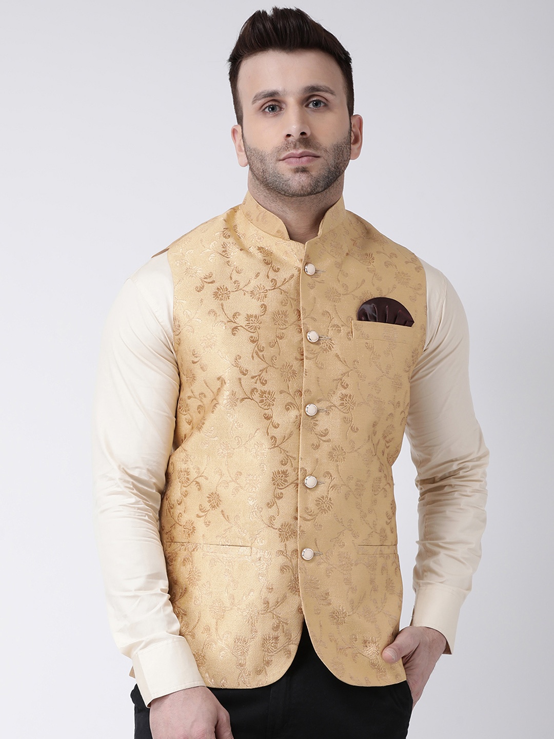 

Hangup Men Beige Woven Design Nehru Jacket