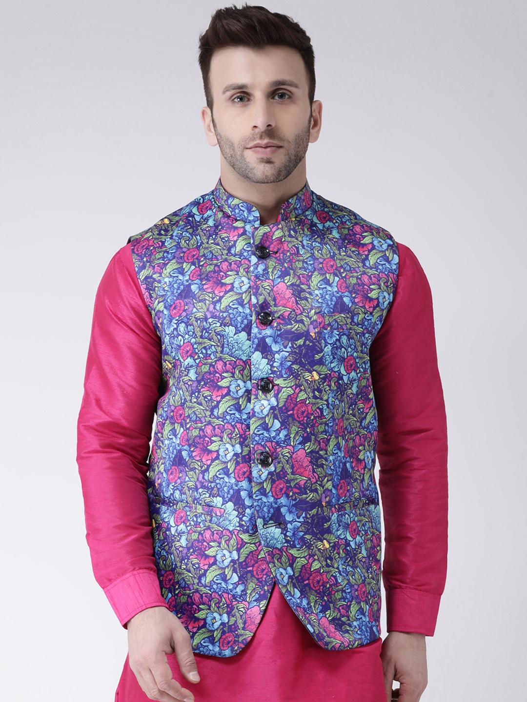 

Hangup Men Blue & Pink Printed Nehru Jacket