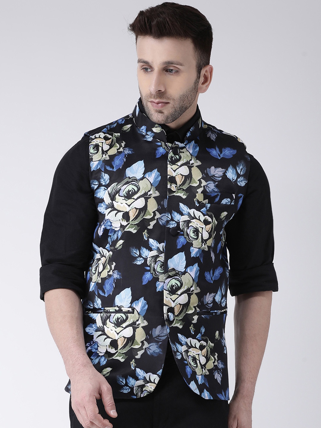 

Hangup Men Black & Blue Printed Woven Nehru Jacket