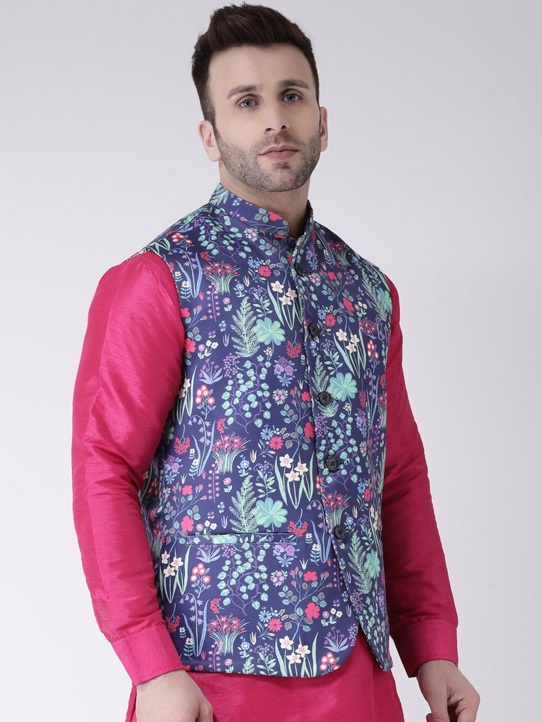 

Hangup Men Navy Blue & Green Floral Printed Bandhgala Nehru Jacket