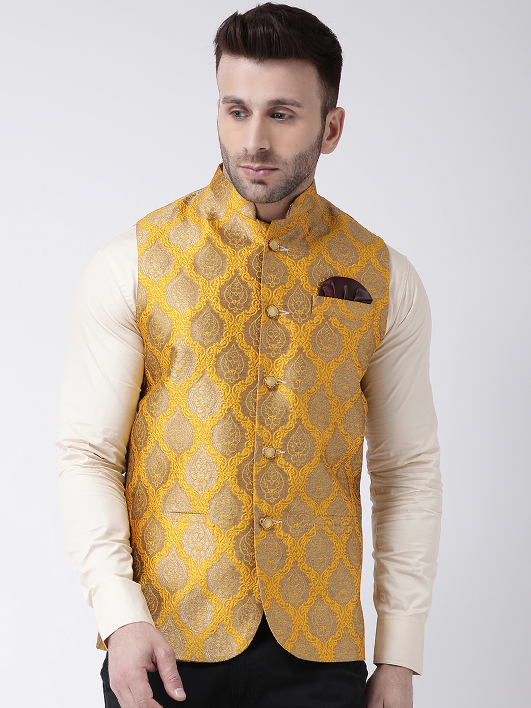 

Hangup Men Mustard Yellow Printed Bandhgala Nehru Jacket
