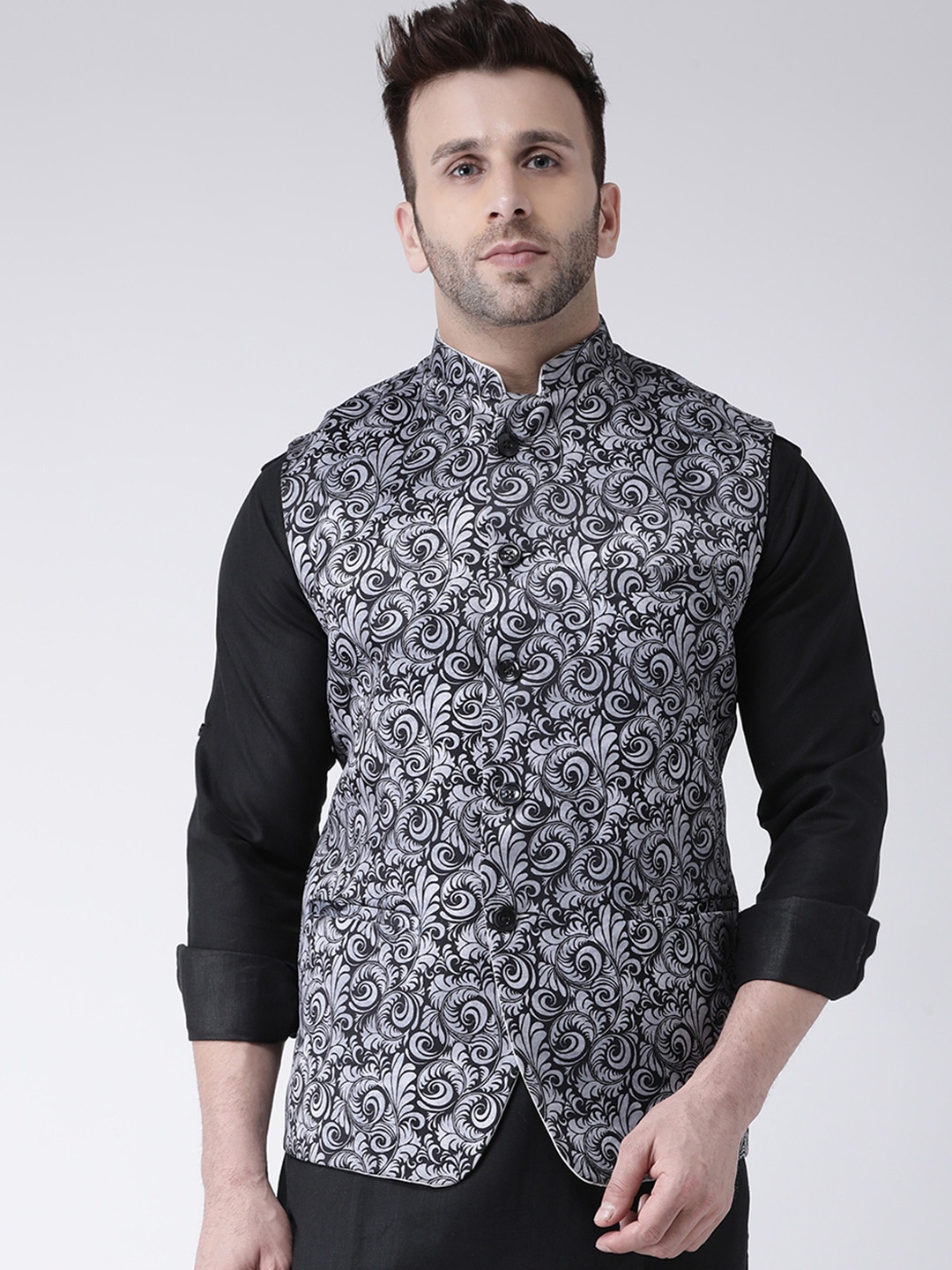 Hangup Men Black & White Printed Bandhgala Nehru Jacket, Grey