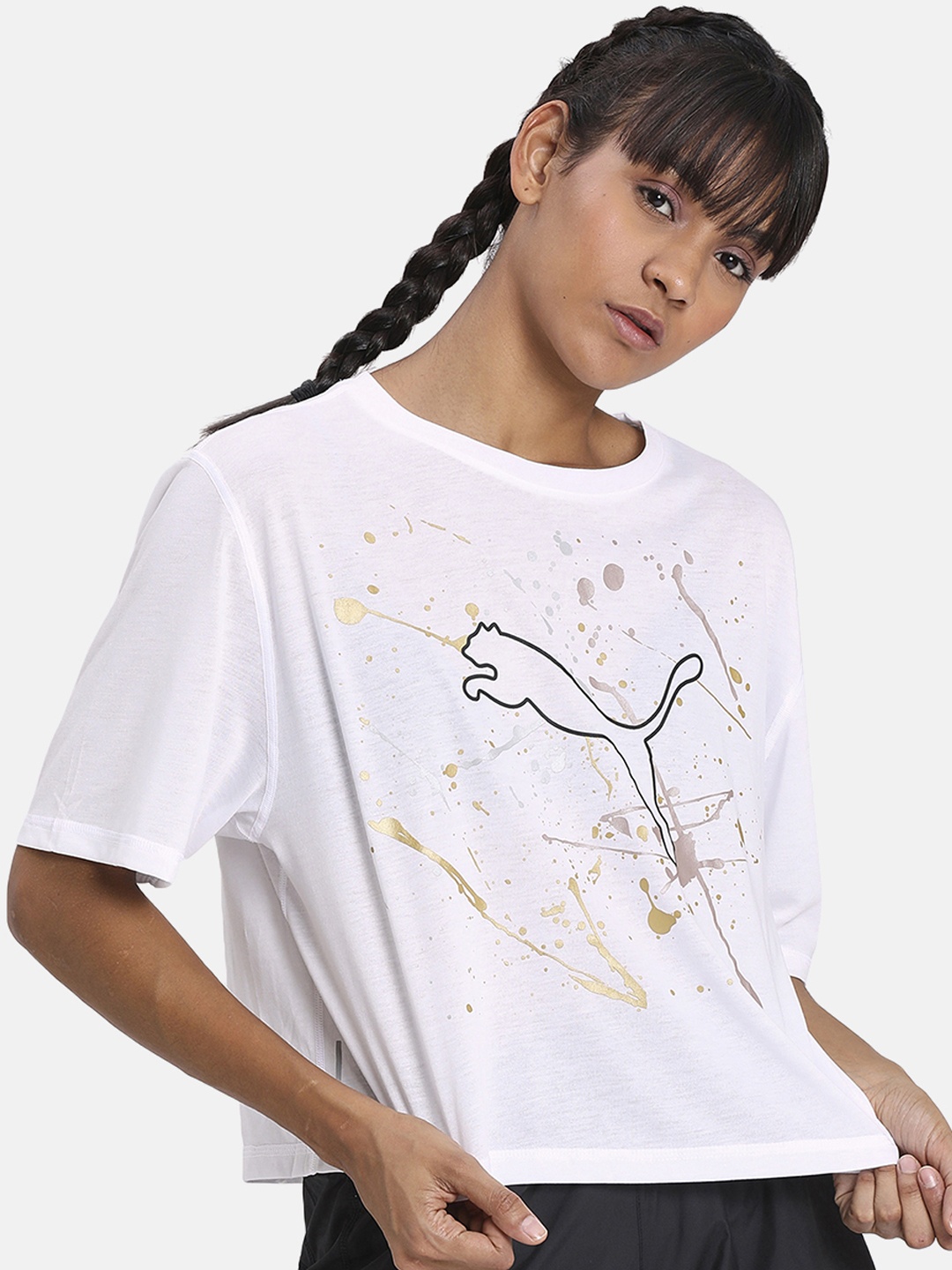 

Puma Women White Printed Round Neck Metal Splash Graphic Tee
