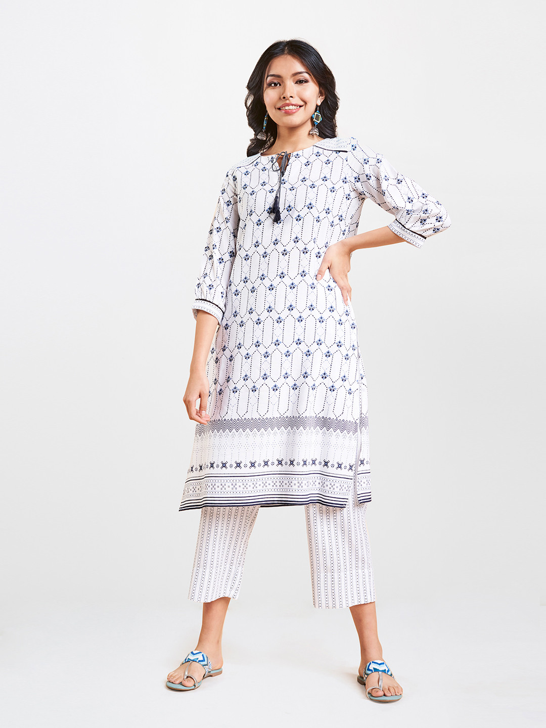 

Global Desi Women White & Blue Printed A-Line Kurta