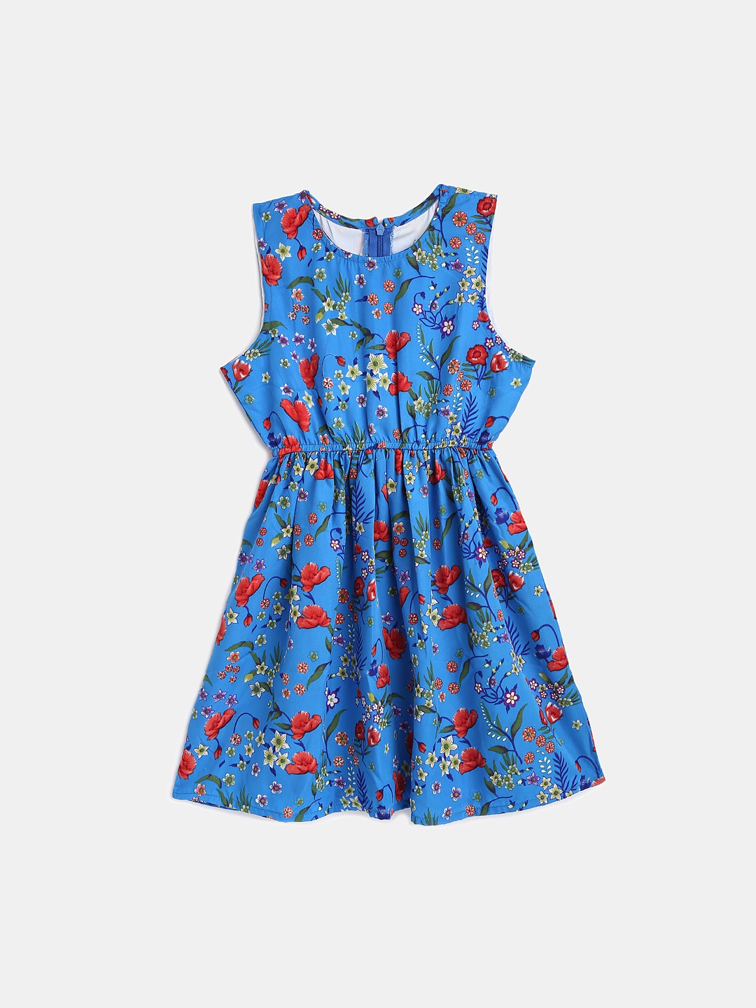 

KIDSCRAFT Girls Blue & Red Floral Printed Fit and Flare Dress