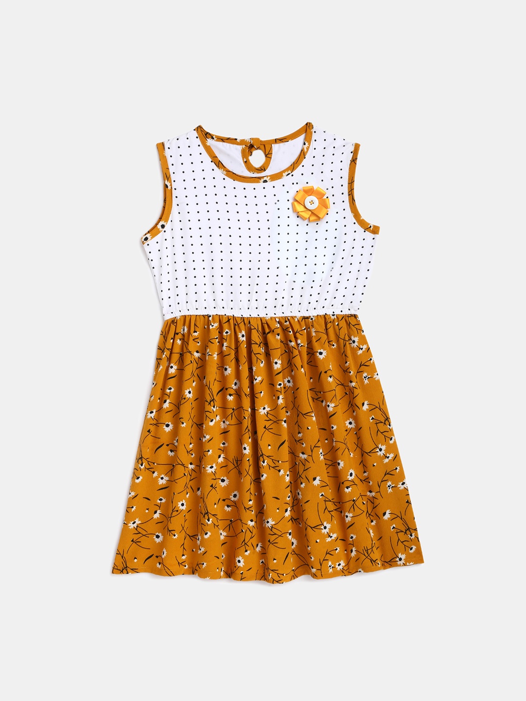 

KIDSCRAFT Girls White & Mustard Yellow Floral Printed Fit and Flare Dress