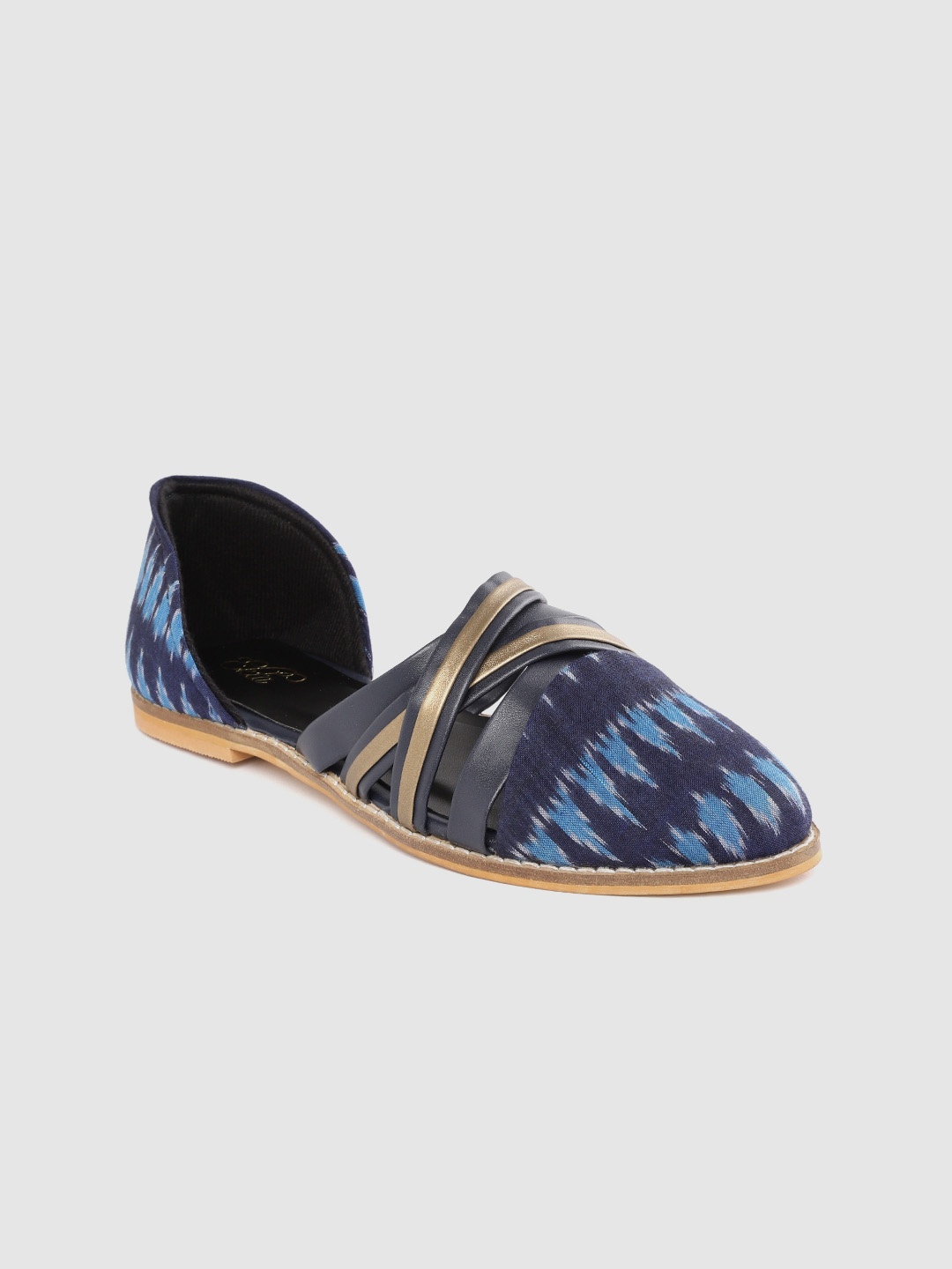 

Ekta Women Navy Blue & Gold-Toned Ikat Printed Handcrafted Ballerinas