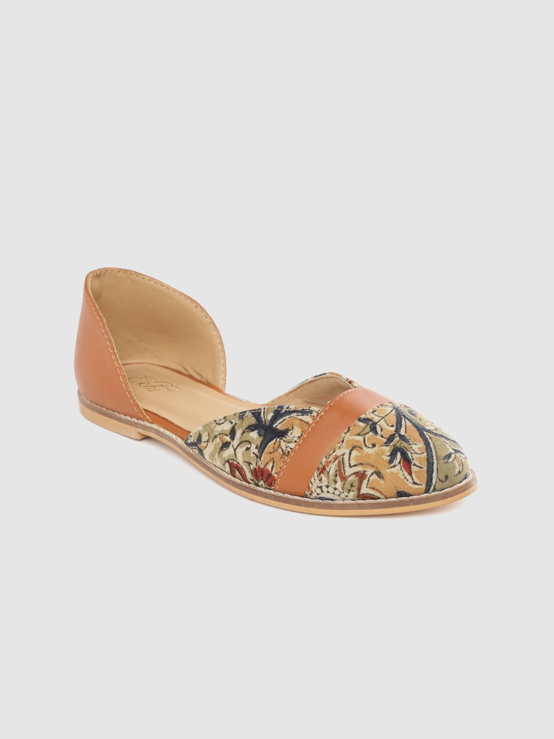 

Ekta Women Tan-Brown & Navy Blue Kalamkari Printed Handcrafted Ballerinas