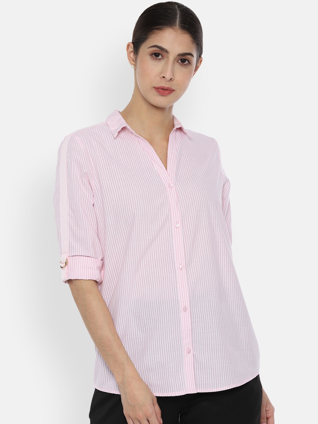 

Van Heusen Woman Women Pink & White Regular Fit Striped Casual Shirt