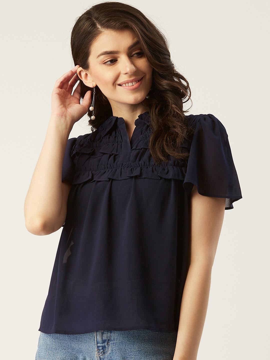 

LABEL REGALIA Women Navy Blue Semi-Sheer Solid Top