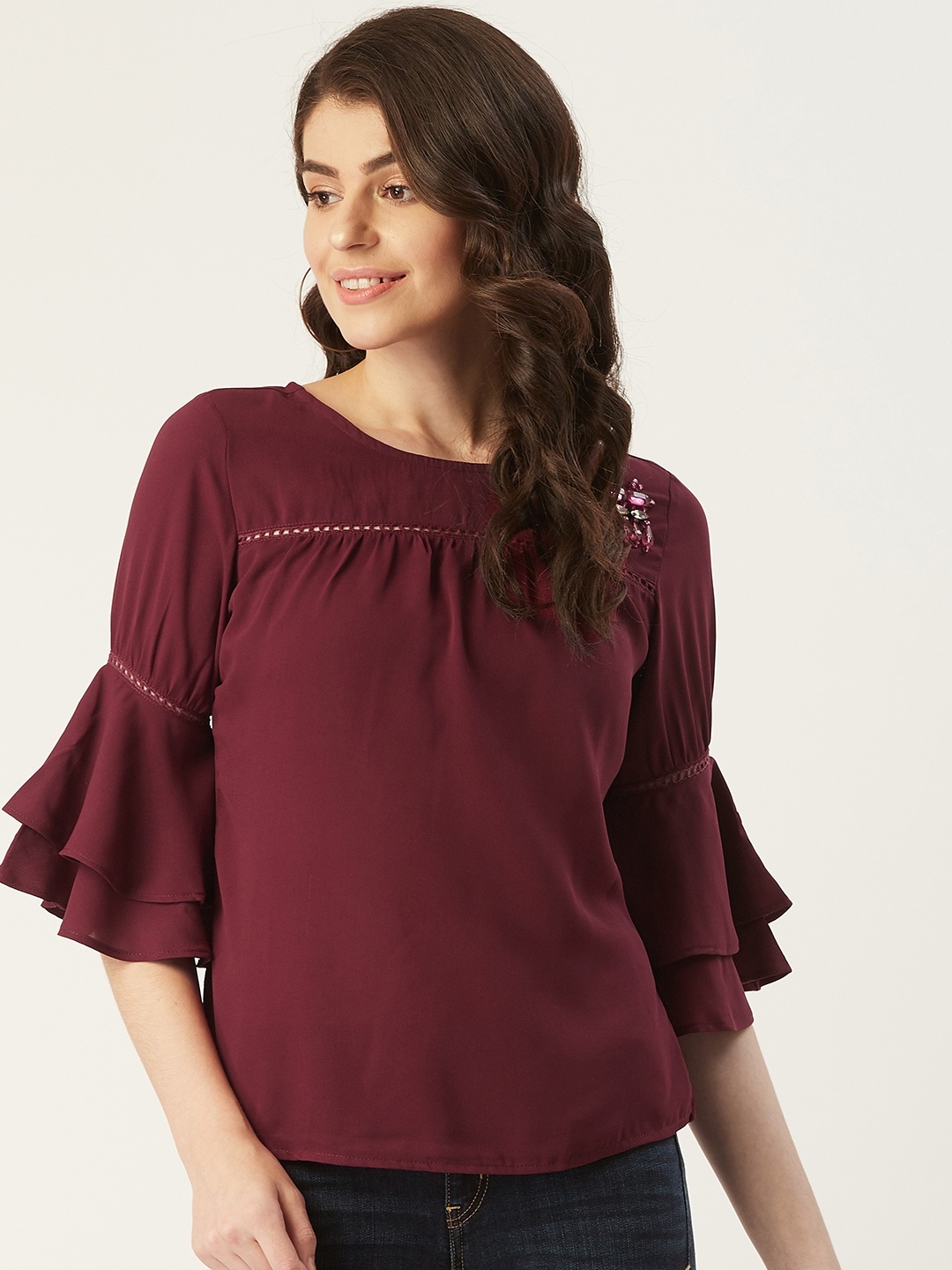 

LABEL REGALIA Women Maroon Solid Bell Sleeves Top