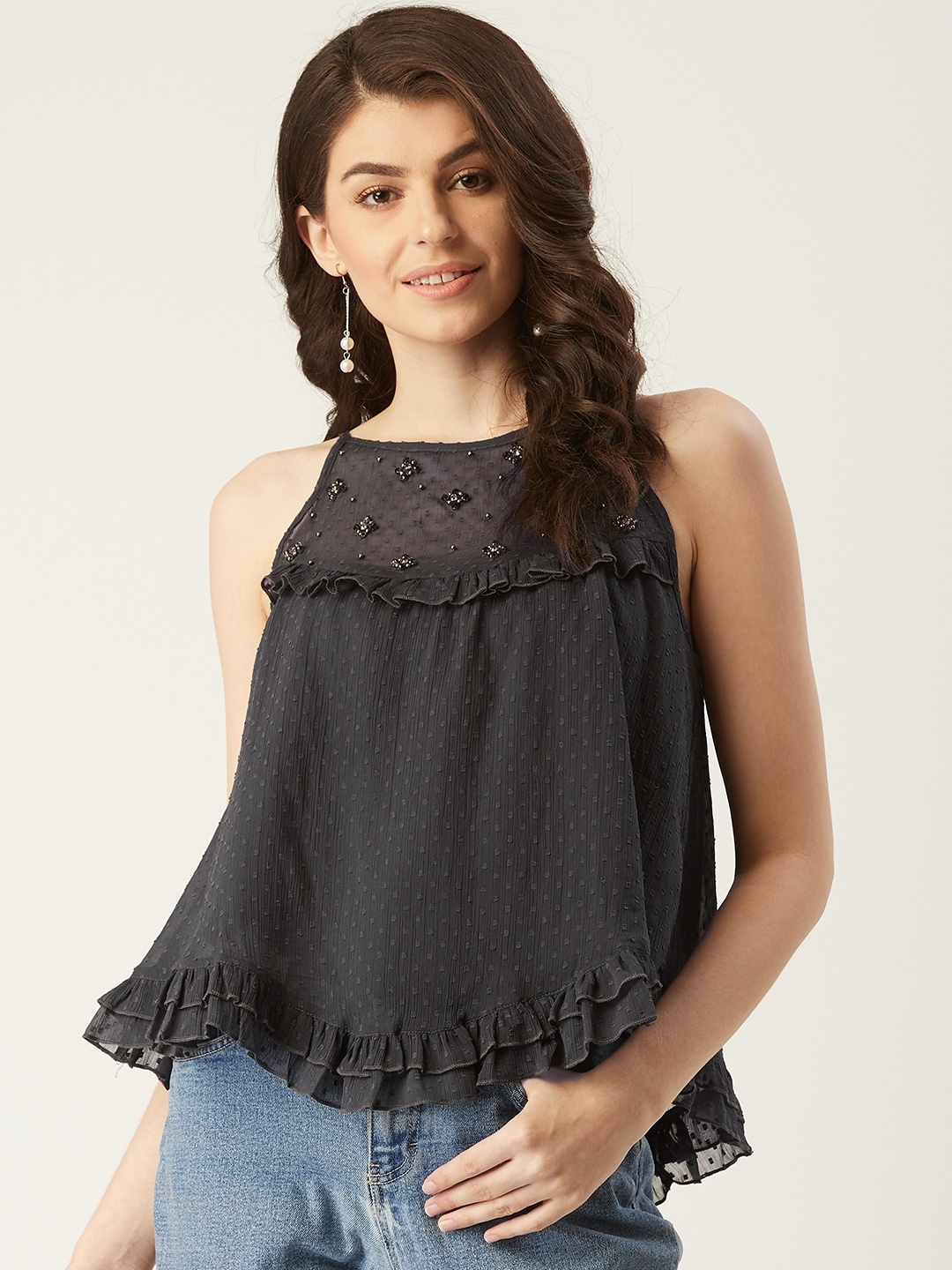 

LABEL REGALIA Women Charcoal Grey Self Design Frilled A-Line Top