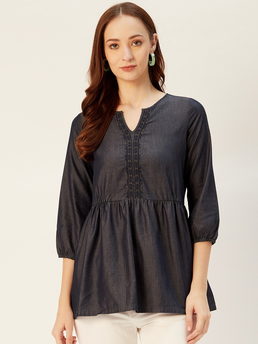 

Xpose Women Navy Blue Solid Denim A-Line Pure Cotton Top