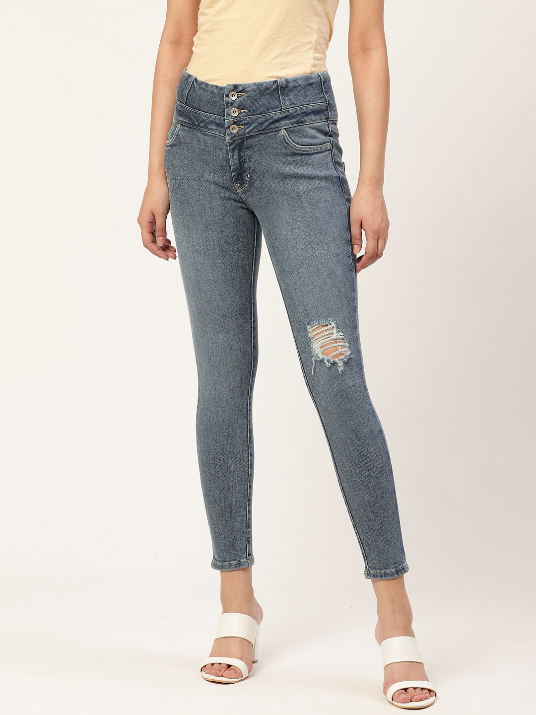 

Xpose Women Blue Slim Fit High-Rise Mildly Distressed Stretchable Cropped Jeans