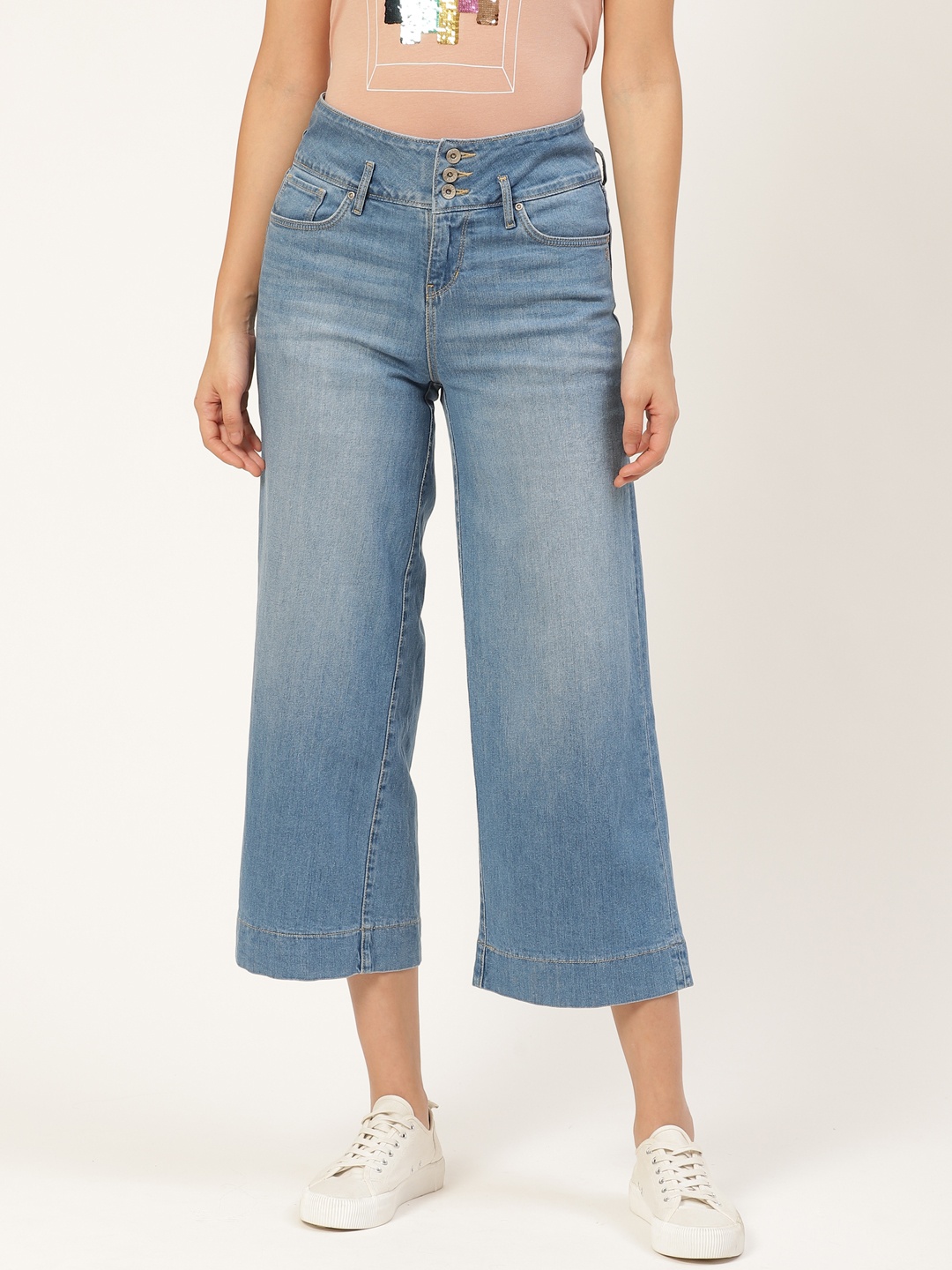 

Xpose Women Blue Flared High-Rise Clean Look Cropped Stretchable Jeans