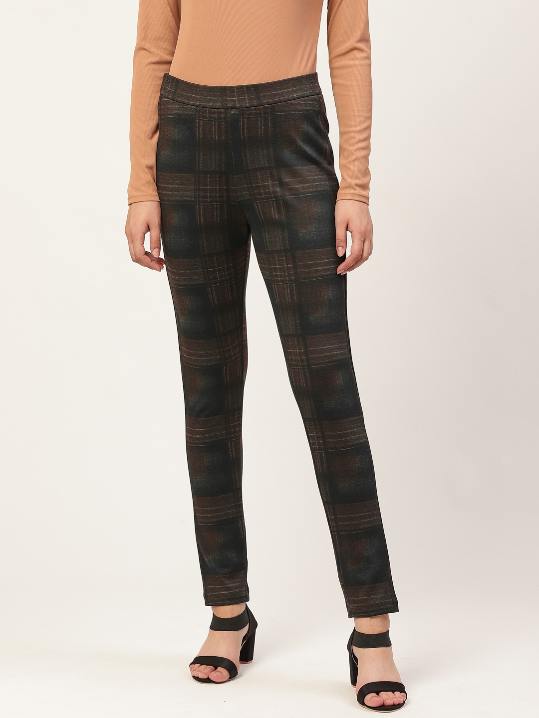 

Xpose Women Brown & Black Checked High-Rise Skinny Fit Treggings
