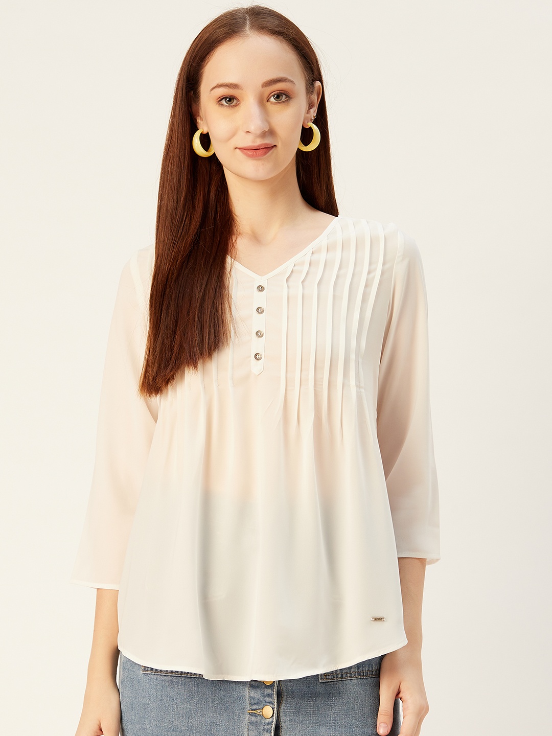 

Xpose Women Off-White Solid Pin Tucks Top