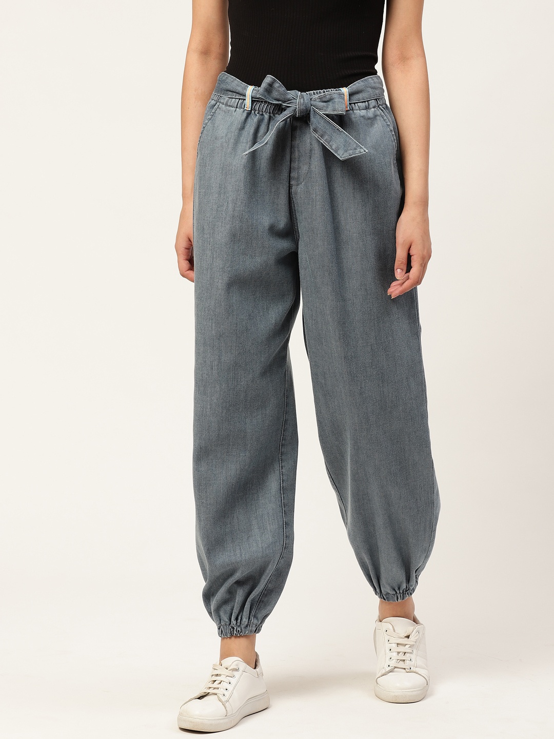 

Xpose Women Blue Tapered Fit Solid High-Rise Denim Joggers