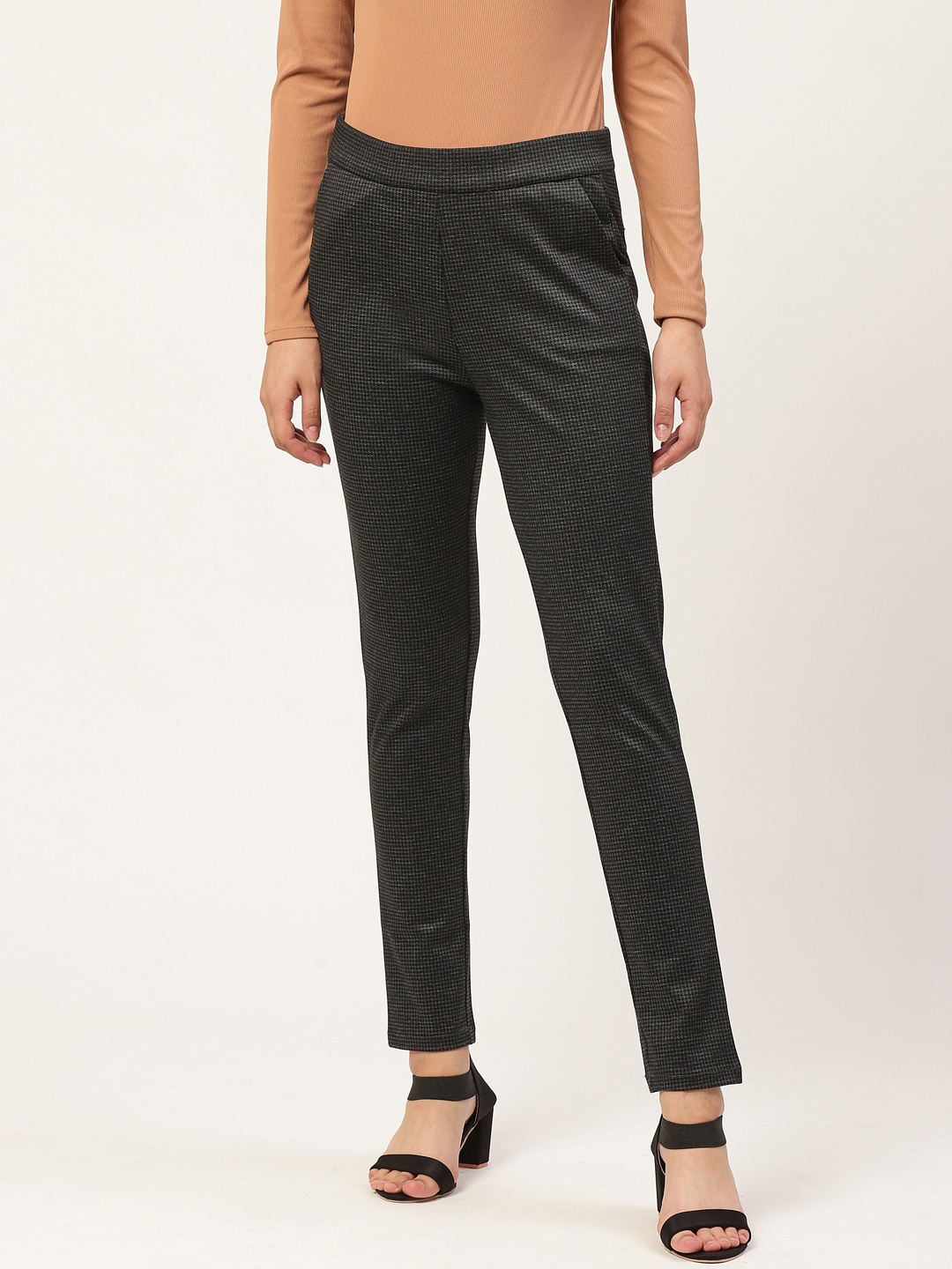 

Xpose Women Black & Charcoal Grey Skinny Fit High Rise Checked Treggings