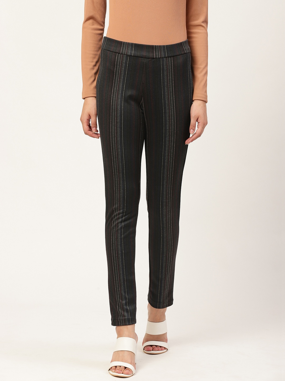 

Xpose Women Charcoal Grey & Maroon Striped High-Rise Skinny Fit Treggings