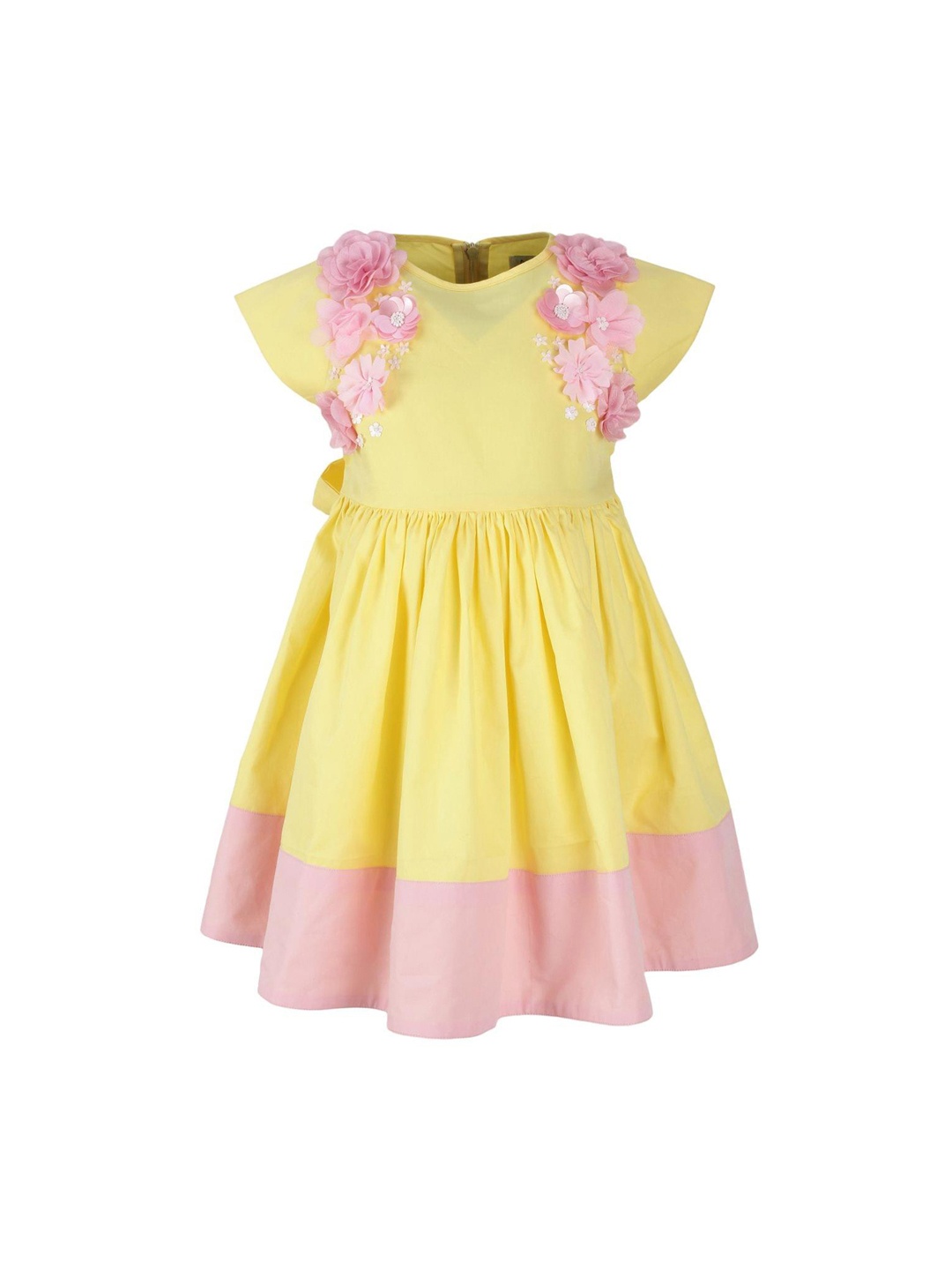 

A Little Fable Girls Yellow & Pink Colourblocked Fit and Flare Dress