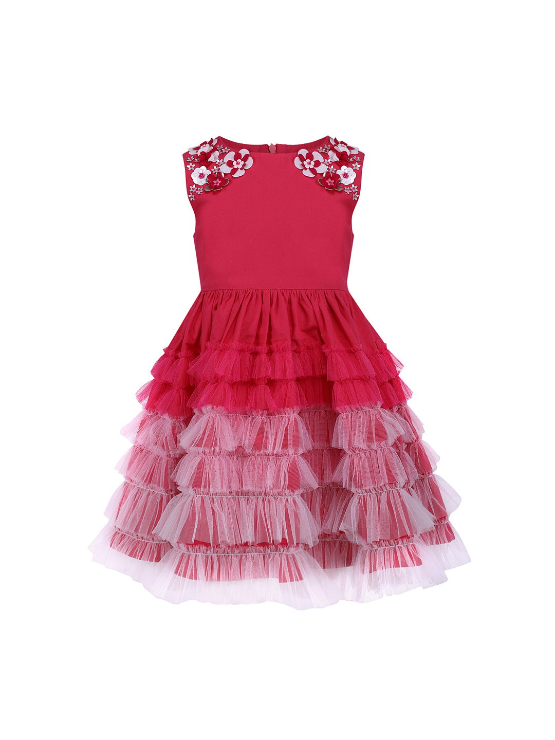 

A Little Fable Girls Pink & White Hand-Embroidered Embellished Layered Fit and Flare Dress