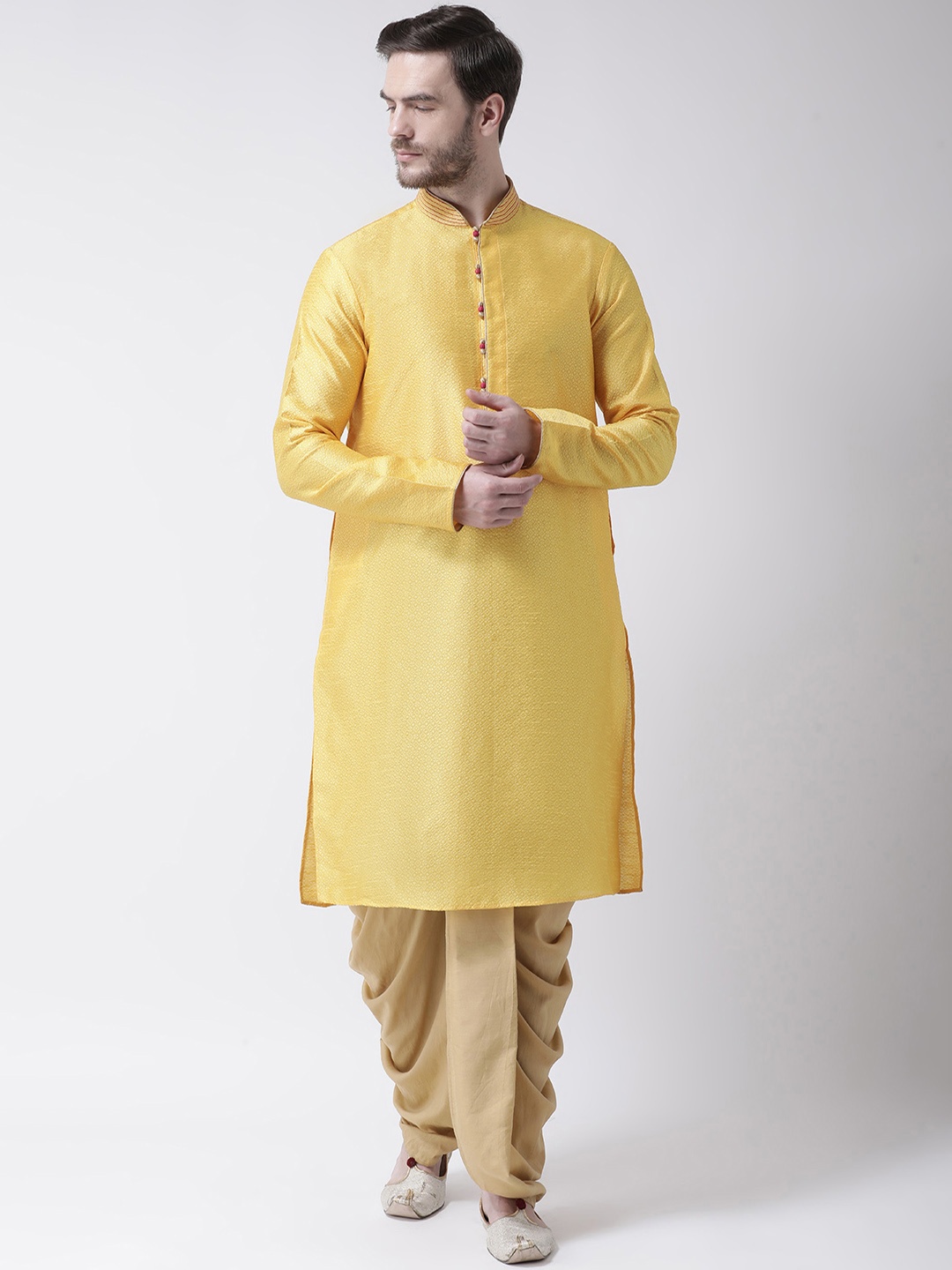

Chitwan Mohan Men Yellow Self Design Kurta with Dhoti Pants