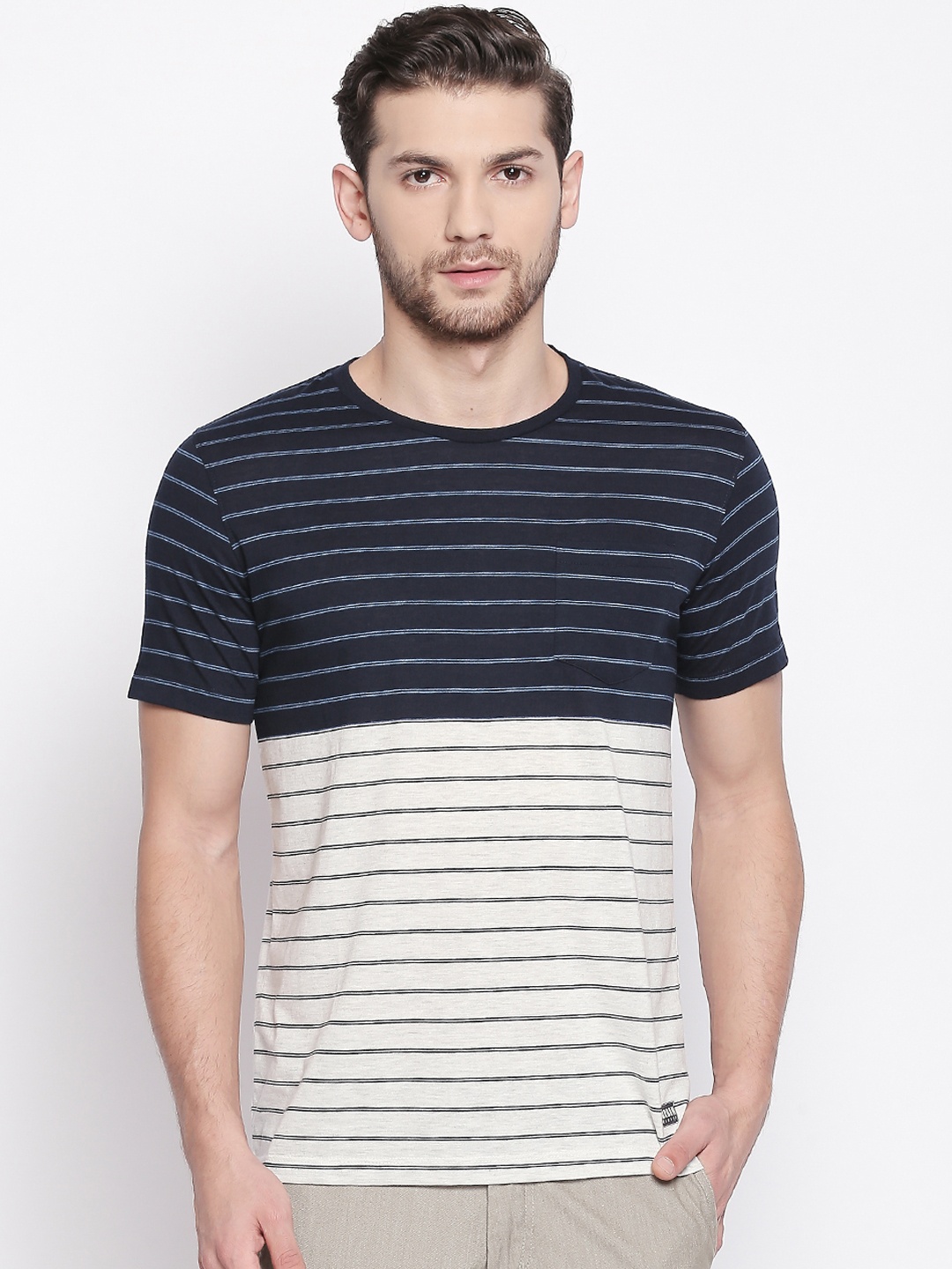 

Urban Ranger by pantaloons Men Navy Blue & Beige Striped Round Neck T-shirt