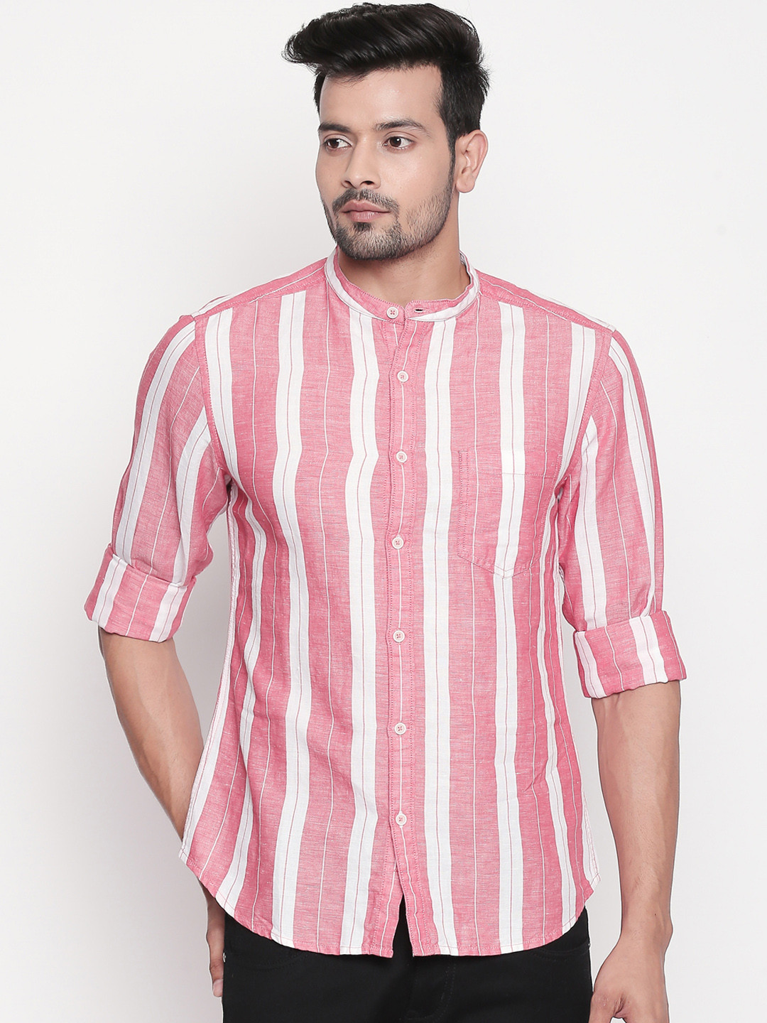 

Urban Ranger by pantaloons Men Pink & White Slim Fit Striped Casual Shirt