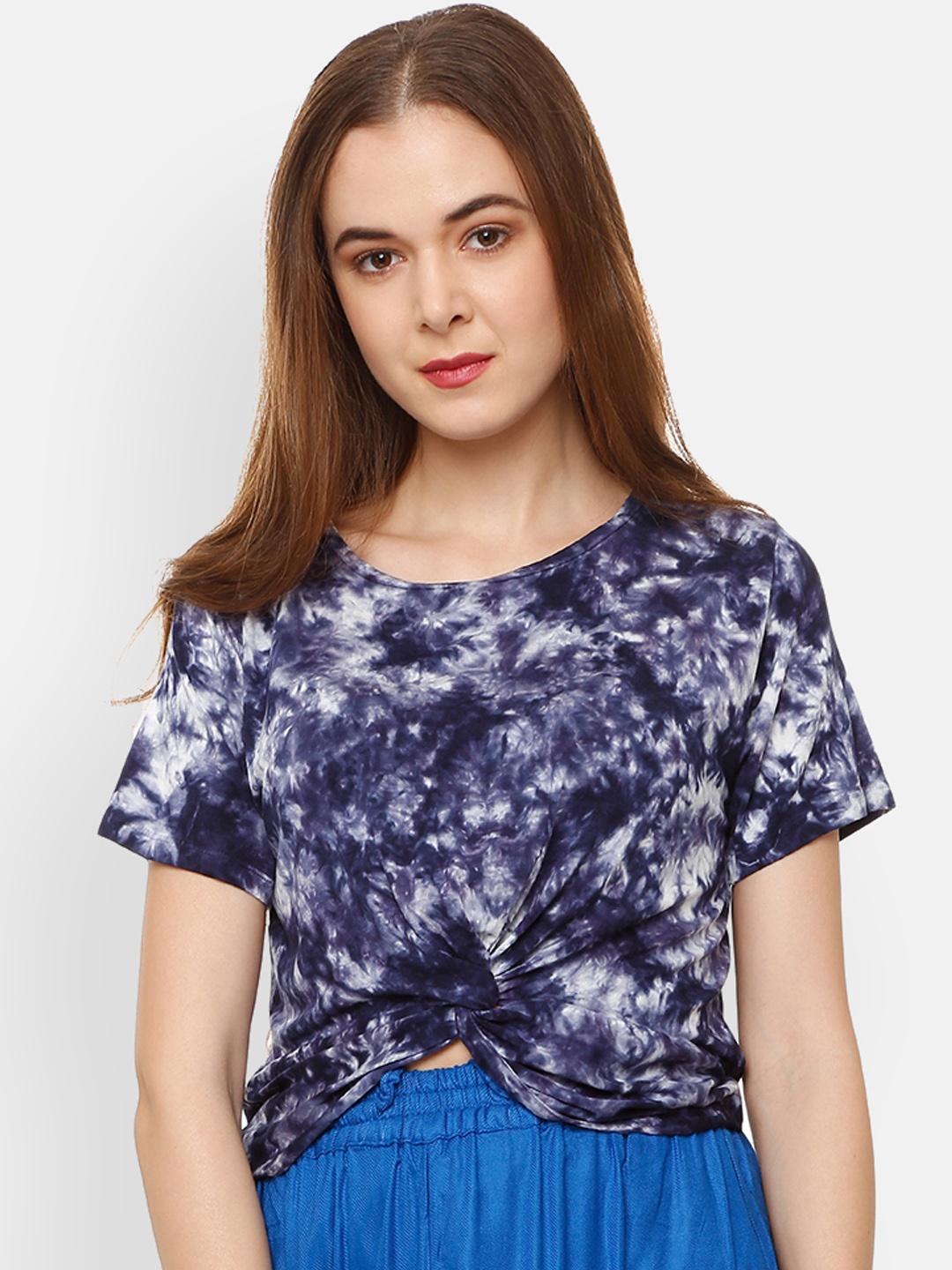 

People Women Navy Blue Tie & Dye Top With Tie-Up Detail
