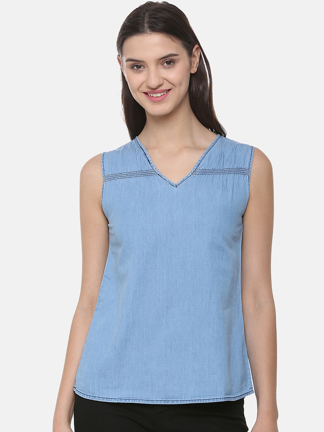 

People Women Blue Solid Pure Cotton Top