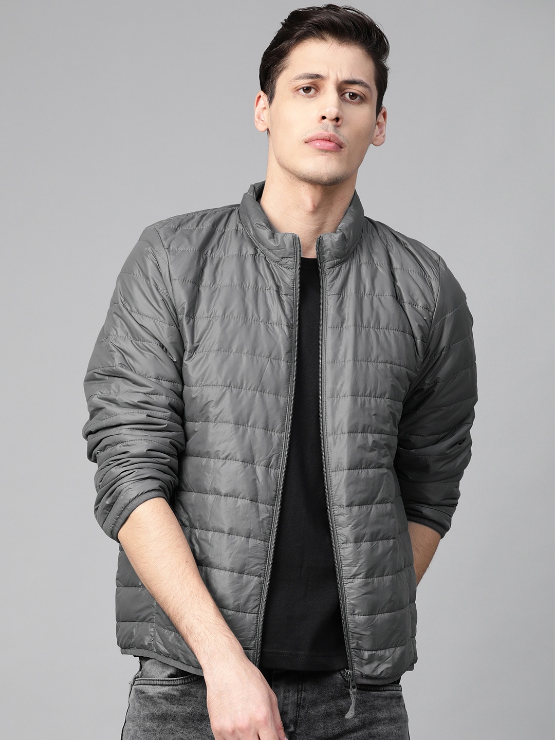 

Roadster Men Charcoal Grey Packable Puffer Jacket