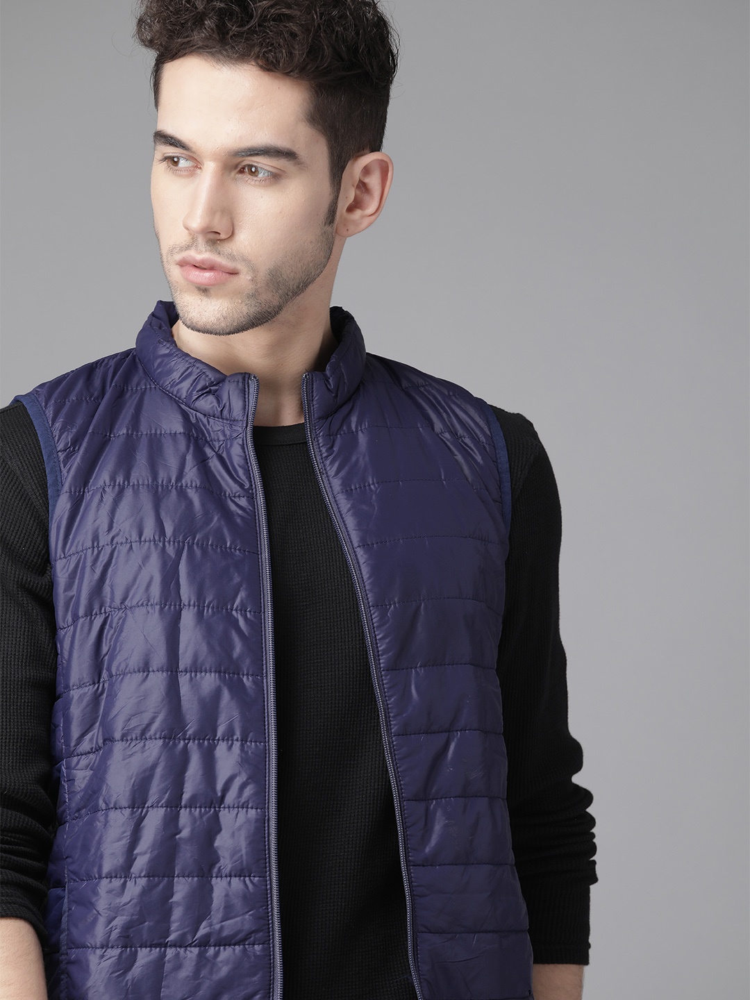 

Roadster Men Navy Blue Padded Sleeveless Jacket with Pouch