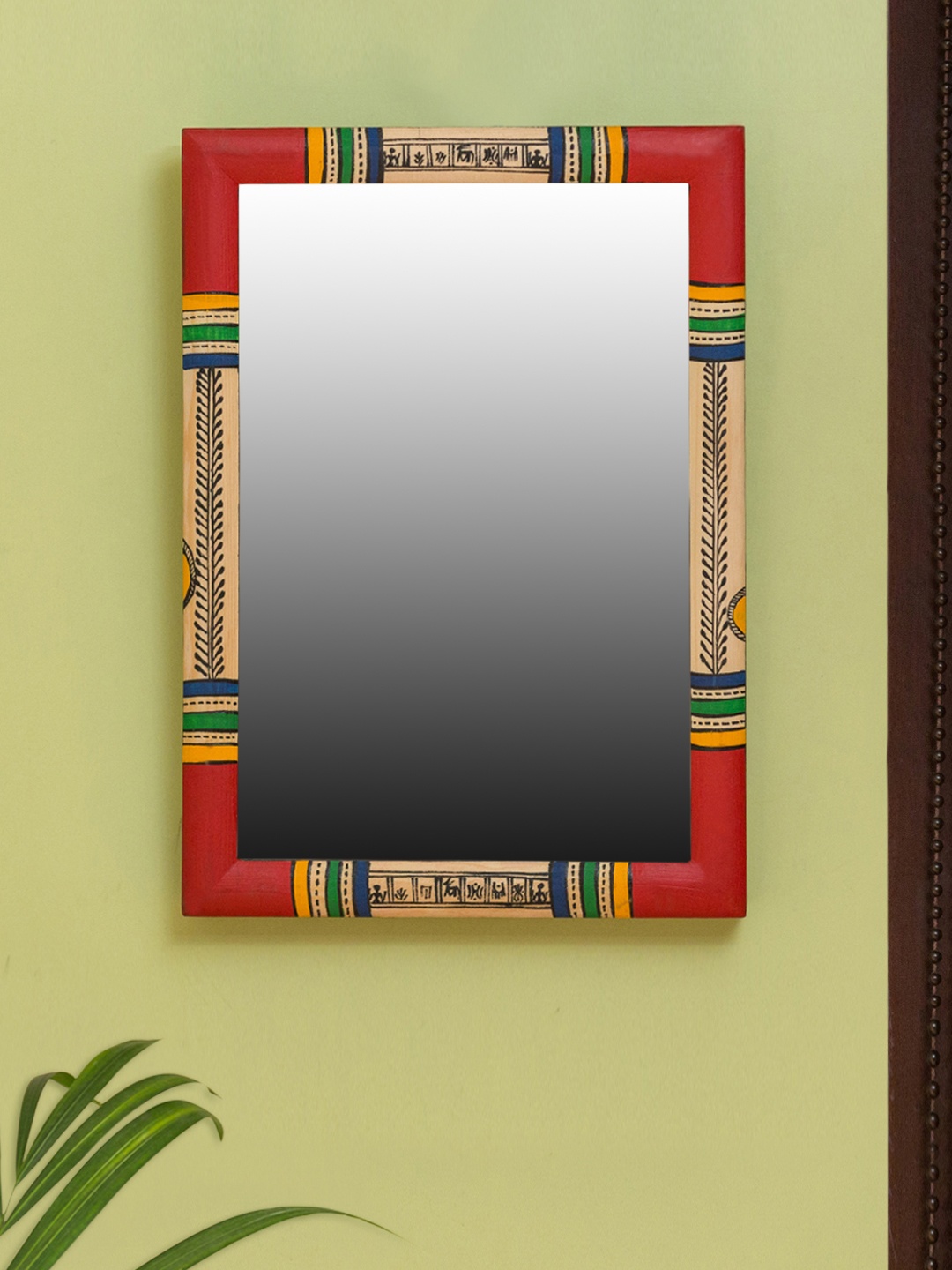 

ExclusiveLane Multicoloured Warli Hand-Painted Pine Wooden Wall Mirror, Red