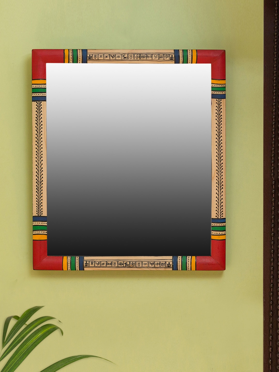 

ExclusiveLane Warli Gold-Coloured and Red Handcrafted Hand-Painted Pine Wood Wall Mirror