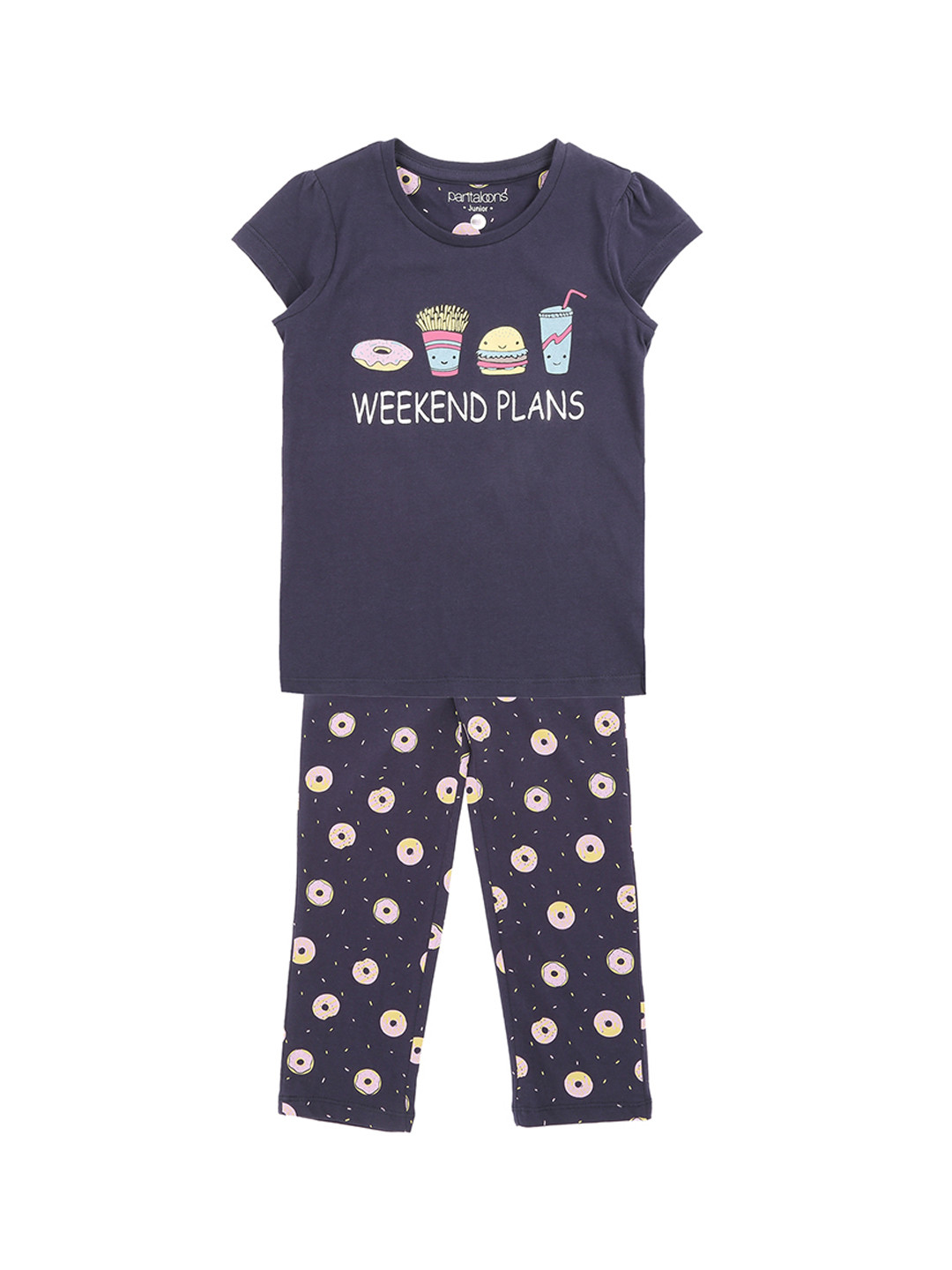 

Pantaloons Junior Girls Navy Blue & Pink Printed Night Suit