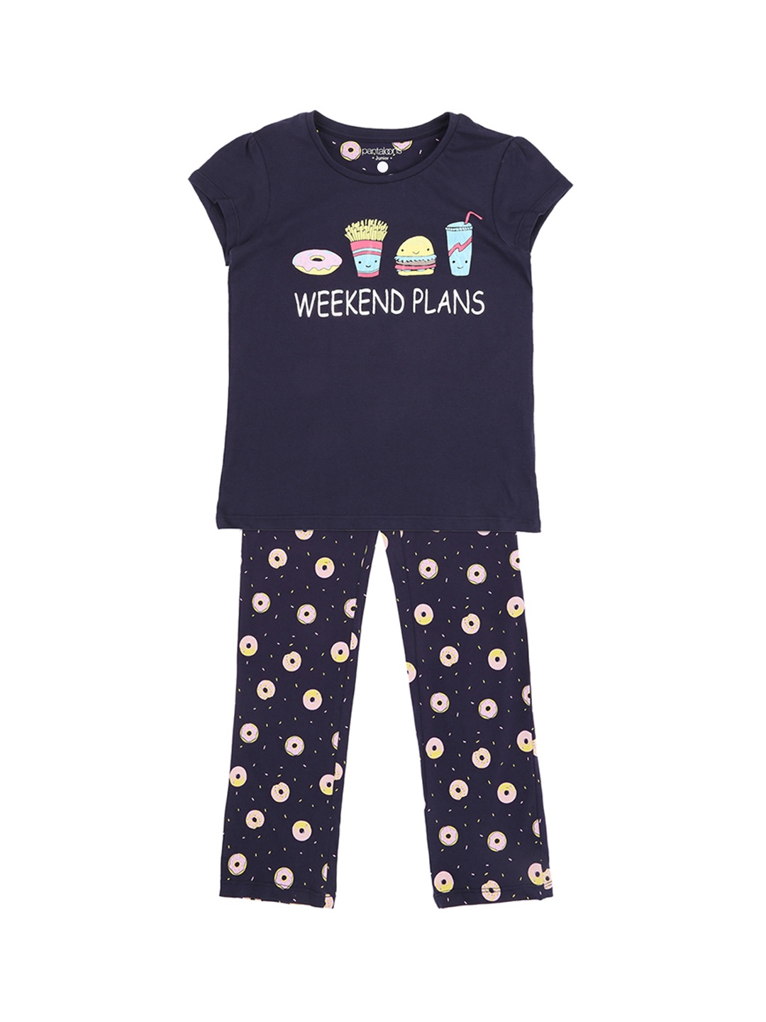 

Pantaloons Junior Girls Navy Blue Printed T-shirt with Pyjamas