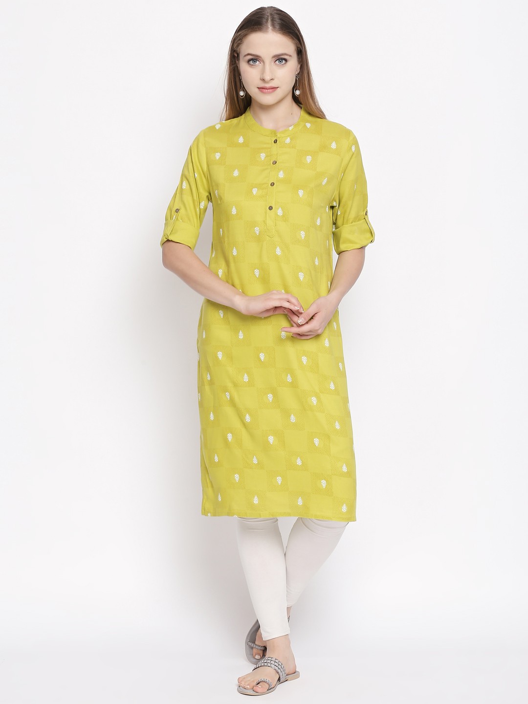 

RANGMANCH BY PANTALOONS Women Lime Green & White Printed Straight Kurta