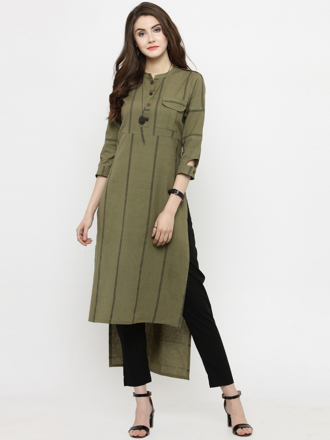 

Varanga Women Olive Green & Black Striped Kurta with Trousers