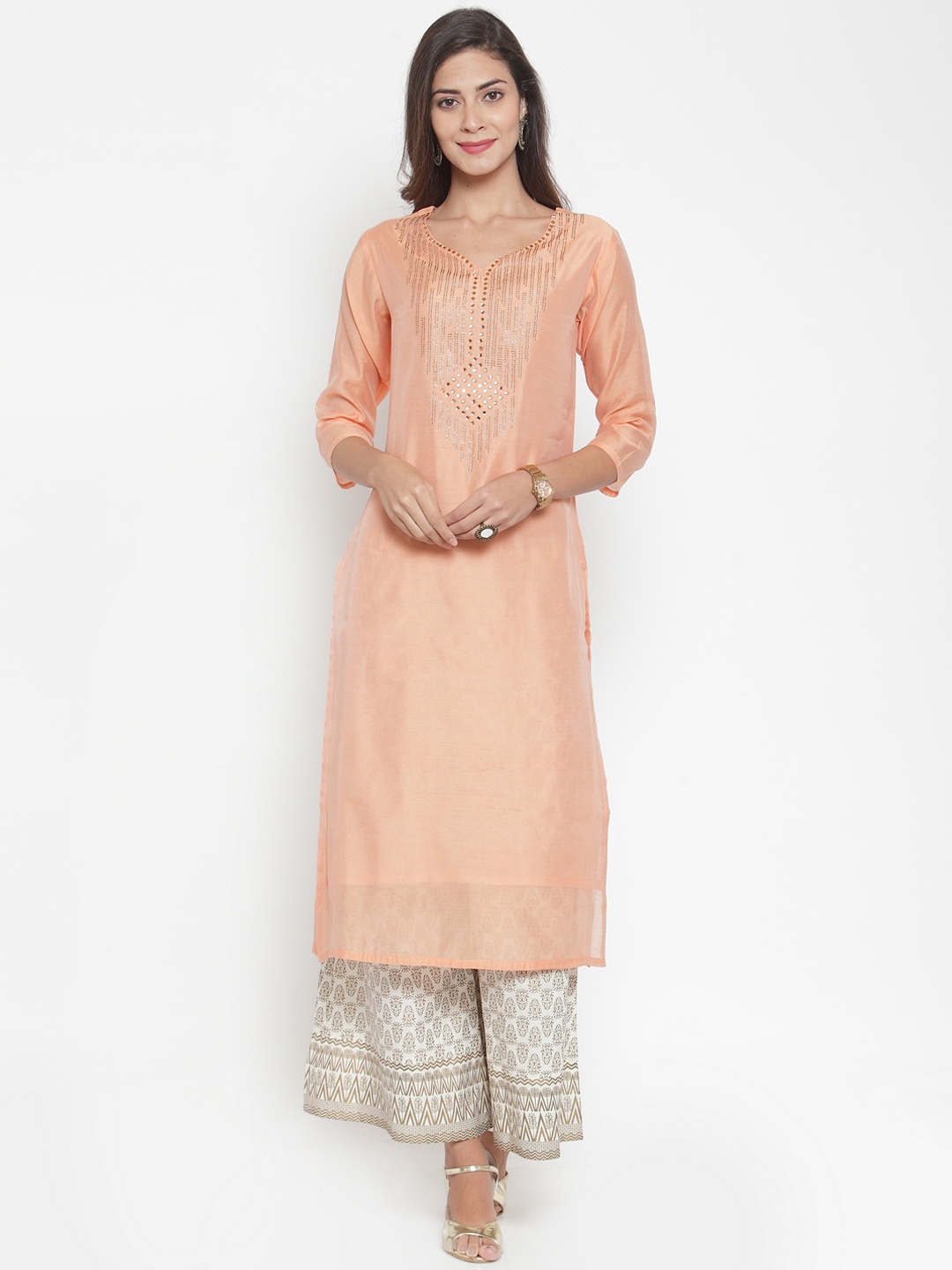 

Varanga Women Peach-Coloured & Off-White Yoke Design Kurta with Palazzos