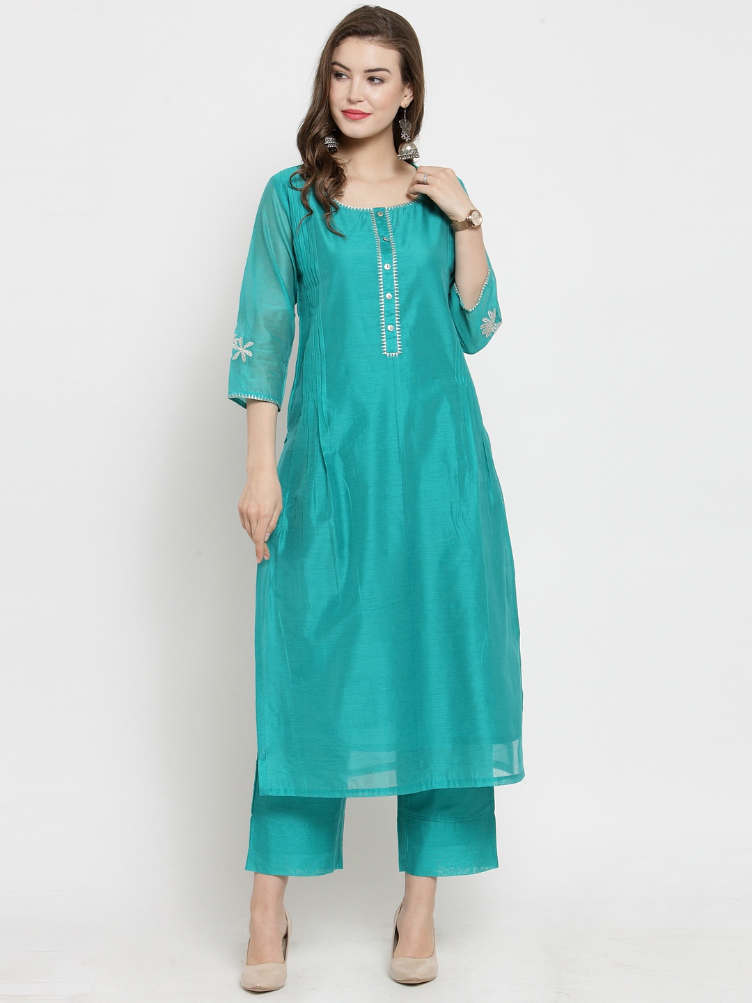 

Varanga Women Turquoise Blue Solid Kurta with Trousers
